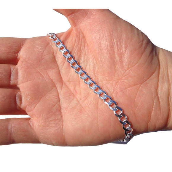 Real Silver Curb Link Bracelet, SOLID 925 ITALY Sterling Silver Cuban Bracelet - Picture 3 of 4